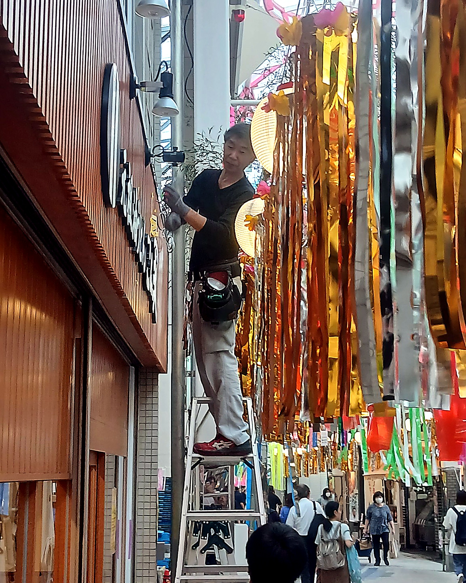 Crowd beneath the giant Tanabata decorations in Asagaya