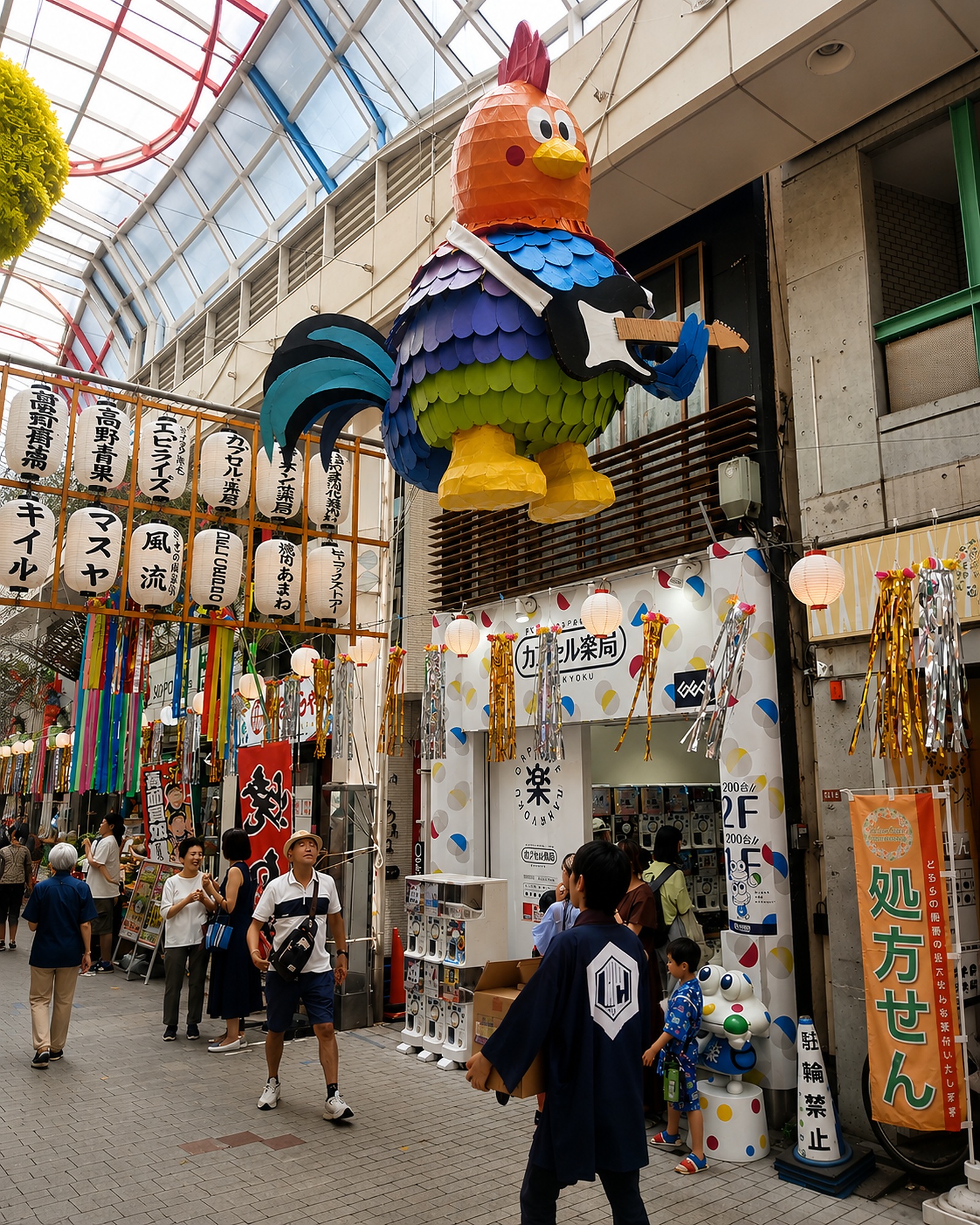 Colorful handmade figure hanging in Asagaya