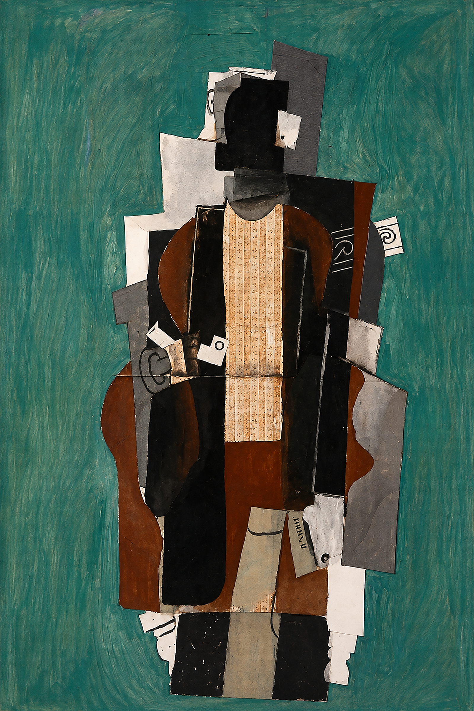 Cubist collage figure constructed from overlapping geometric shapes