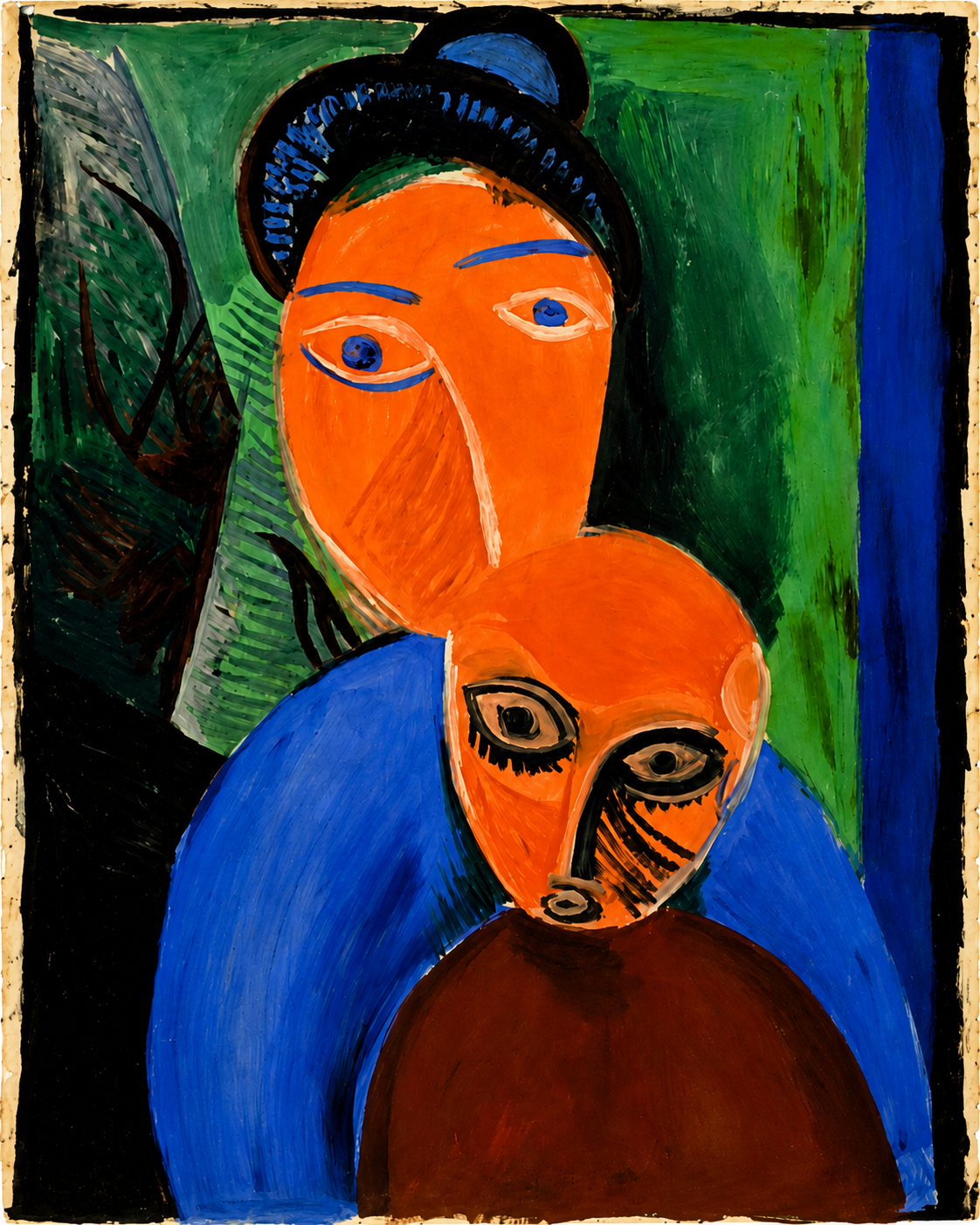 Cubist mother and child in vivid orange, blue and green