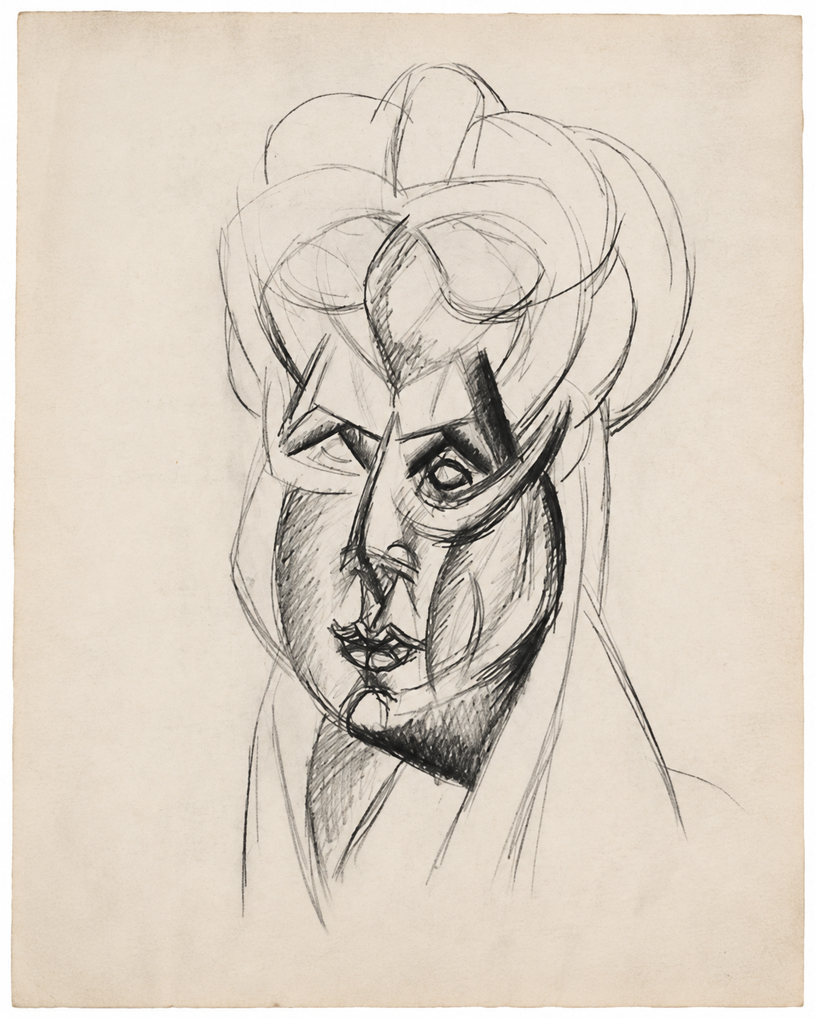Cubist study of a head in pencil on aged paper