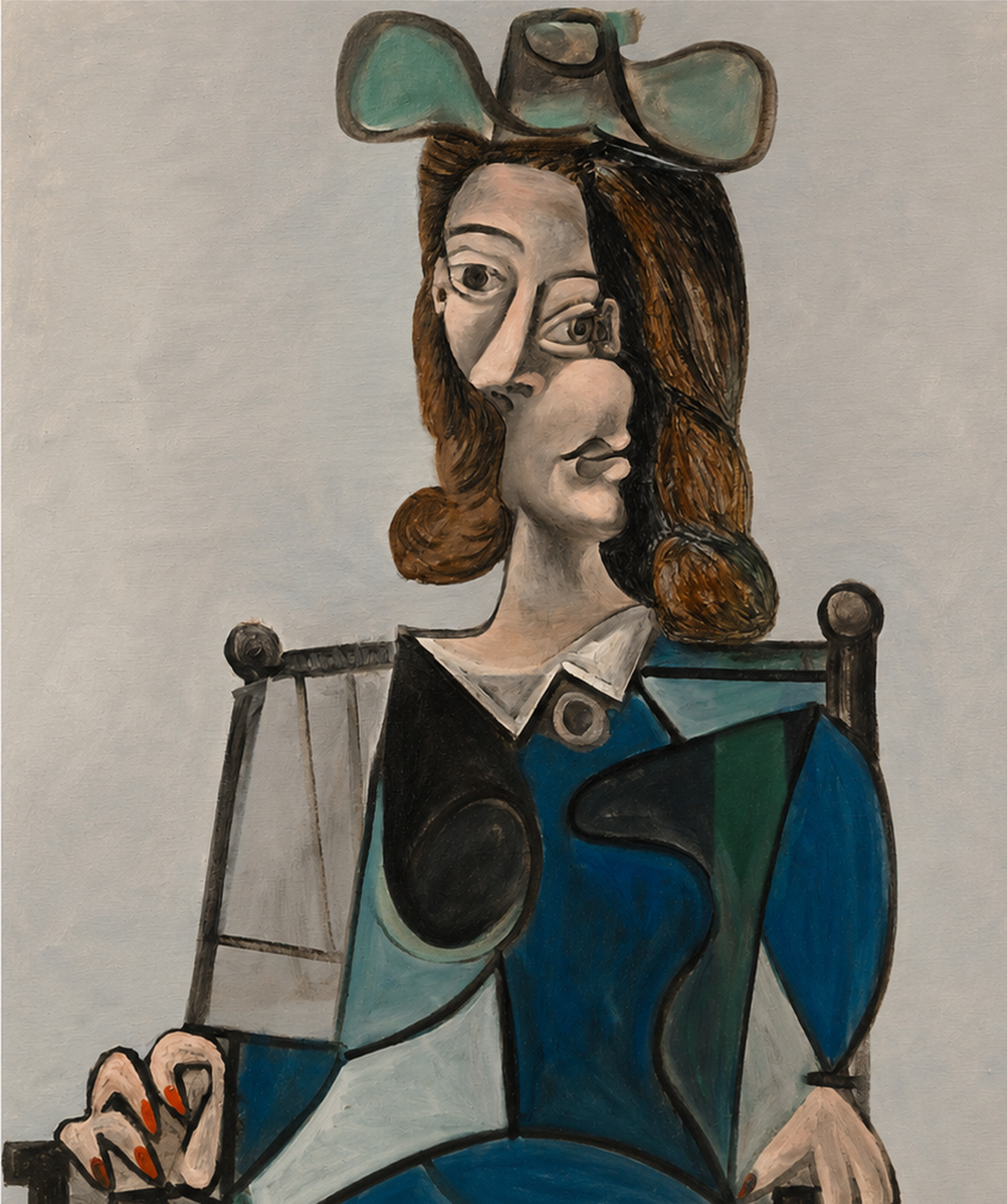 Seated Cubist figure shown through overlapping facial points of view