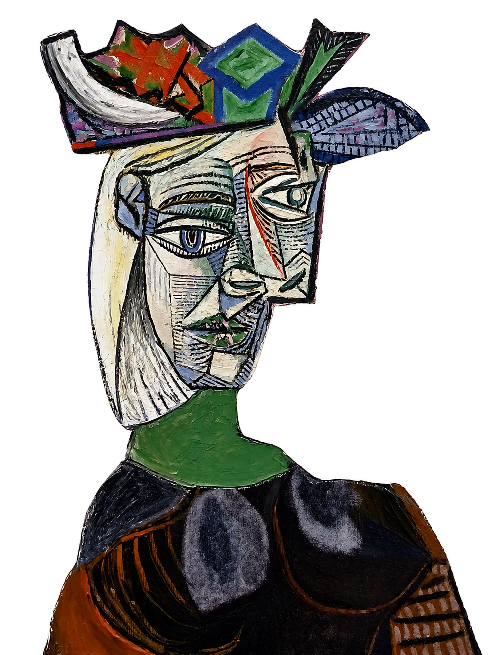A fragmented painted portrait composed of angular planes, strong contours and a sculptural headdress.
