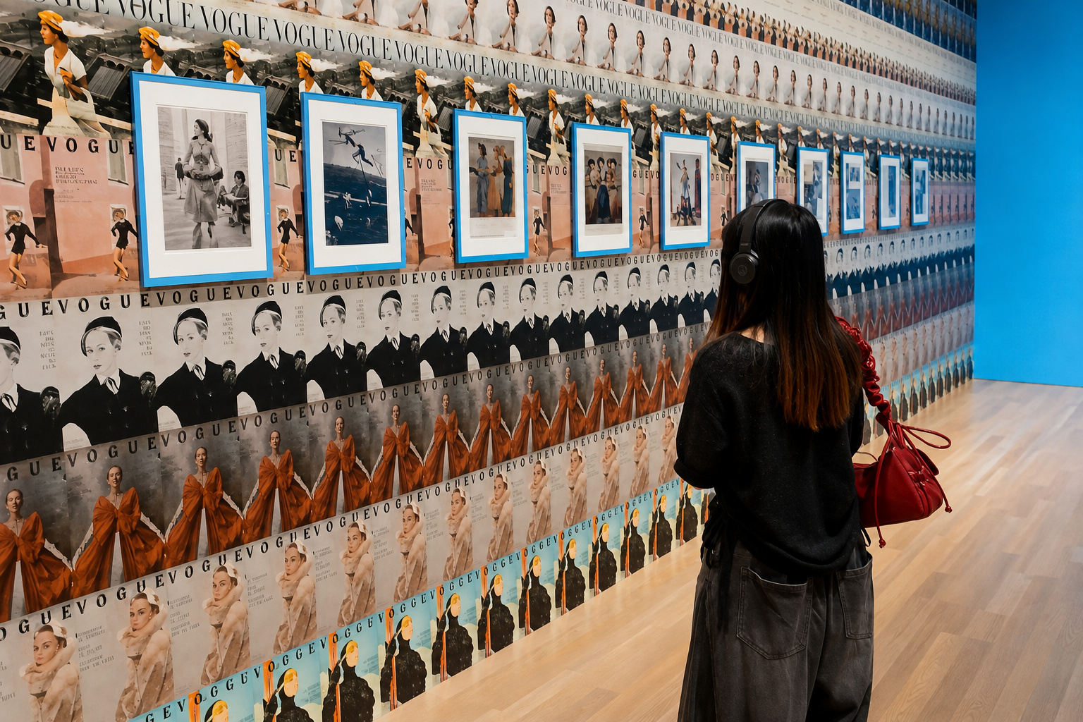 A visitor wearing headphones observes the exhibition installation