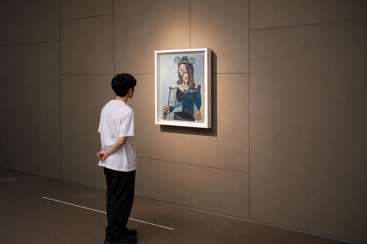 Visitor looking closely at a Picasso work in Tokyo